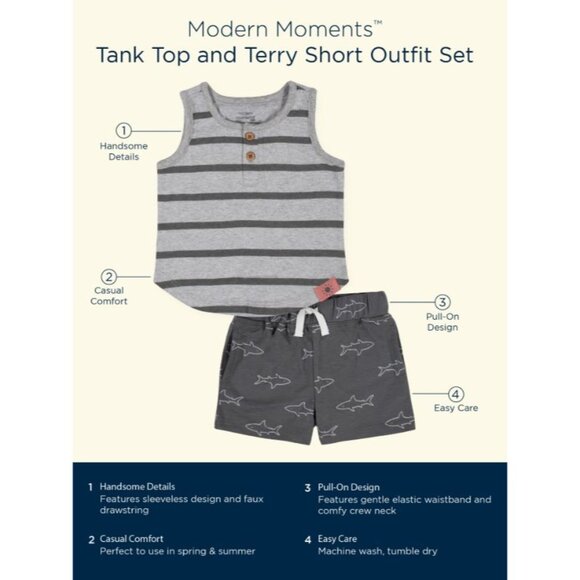 Modern Moments Toddler Tank Top & Terry Short Set Gray Stripes & Sharks 12M Cott - Picture 2 of 7